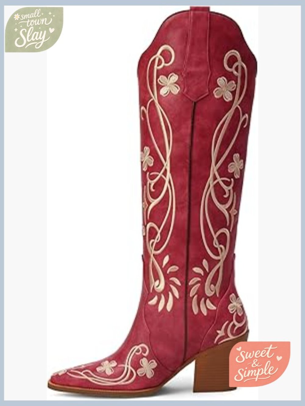 Knee High Cowboy Boots Floral Embroidered Western Pull On Faux Leather - Picture 1 of 7